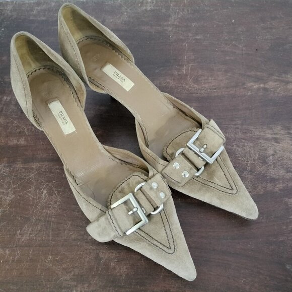 Vintage Y2K Prada Tan Suede Leather Pointy Toe Kitten Heels SZ 38 Buckle - Picture 12 of 12